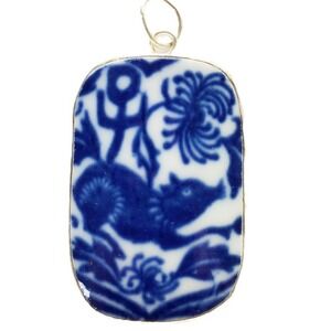 Chinese Zodiak Year of the Pig Boar Blue & White Porcelain Pottery Shard Pendant